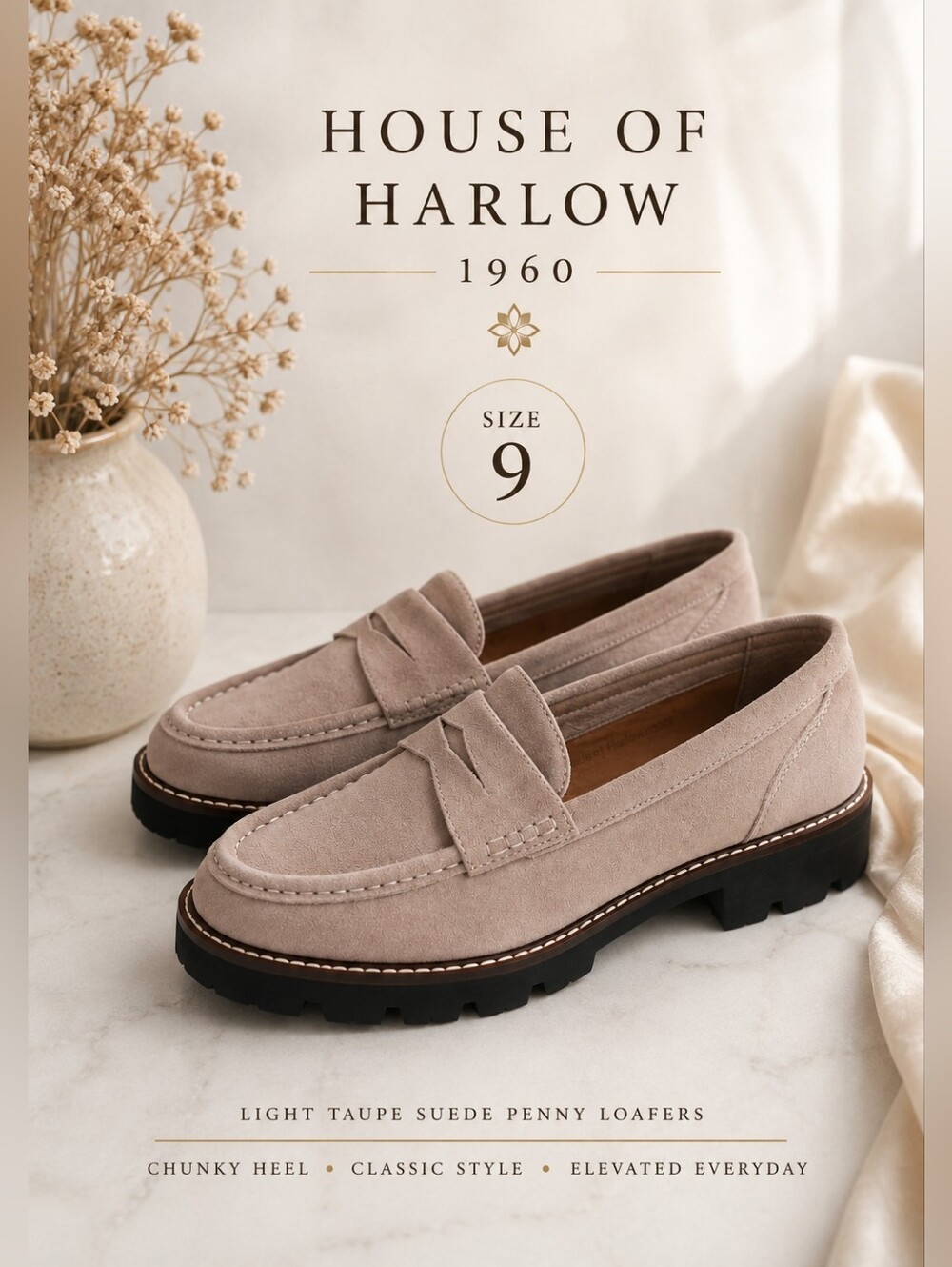 House of Harlow 1960 light taupe suede penny loafers chunky heel 9 Classic Chic